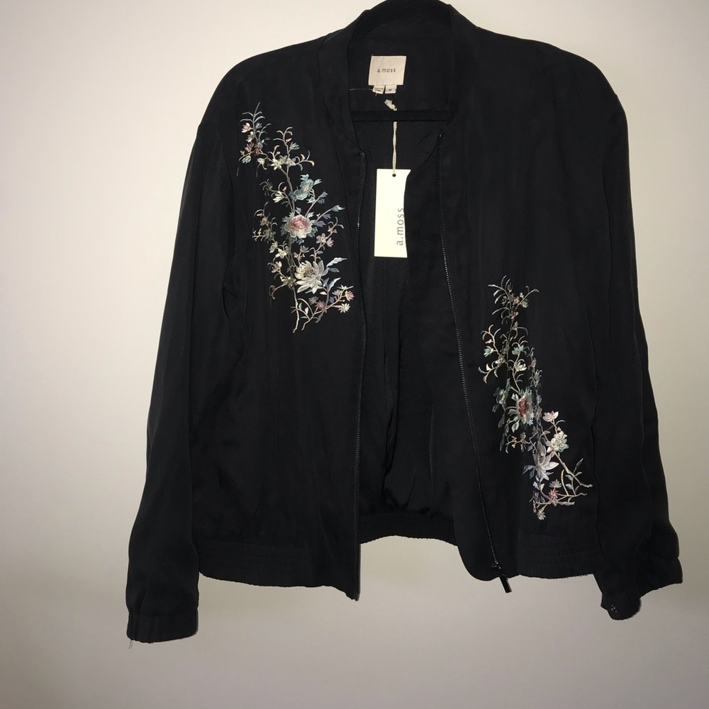 A. Moss Embroidered Black Bomber Jacket - Picture 2 of 8